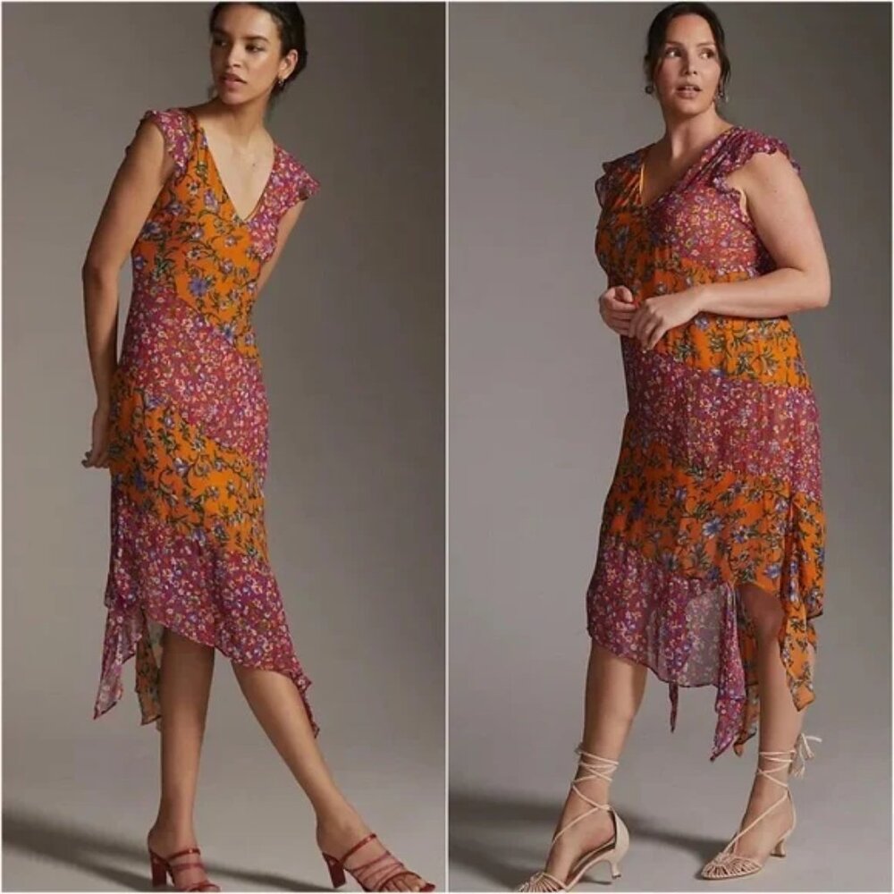 BY ANTHROPOLOGIE Floral Hanky-Hem Midi Dress Ruffle Sleeve OB1465463 Women Large